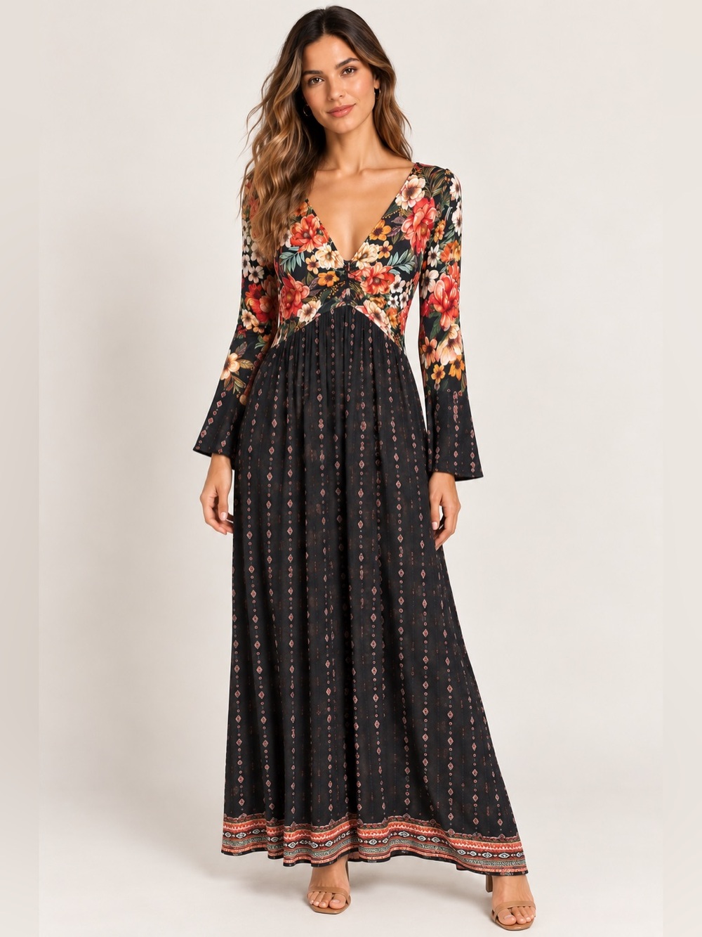 Farm Rio Black Floral Boho Long Sleeve V-Neck Maxi Dress